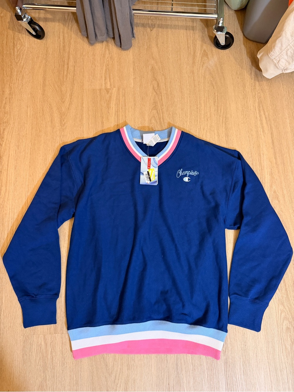 Champion Royal Blue Crewneck Sweater with Pink & Light Blue Trim